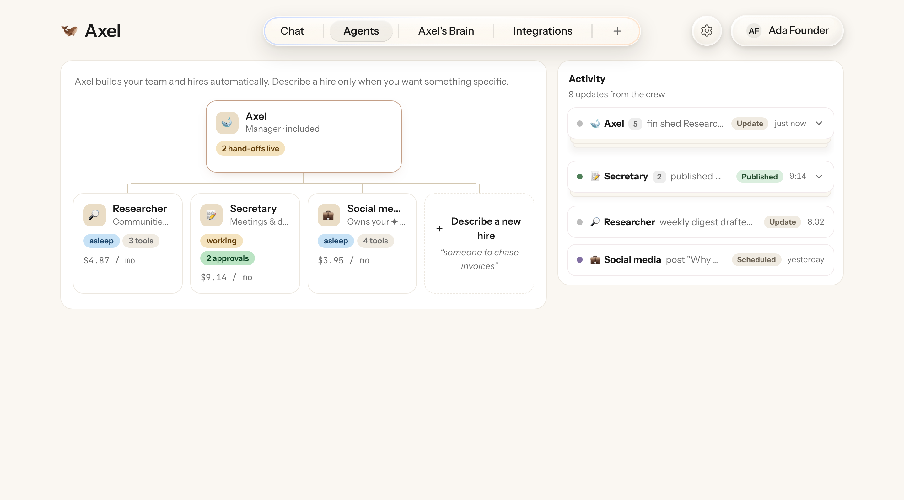 The Axel Agents tab: an org chart of AI employees managed by Axel, with a live activity feed